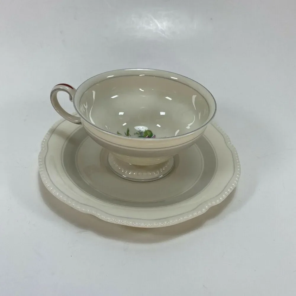 Vtg Castleton China Tudor Rose USA Tea Cup & Saucer Bone China Footed Cup Gray